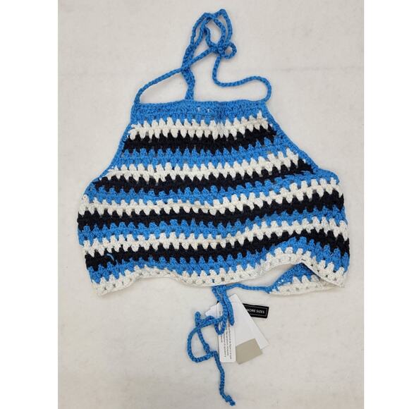 BP Blue/Black Ziggy Stripe Crocheted Halter Top - Picture 3 of 5